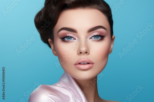 A gorgeous European model woman is posing in front of a monochromatic background with a full set of perfect make-up. Generative AI.