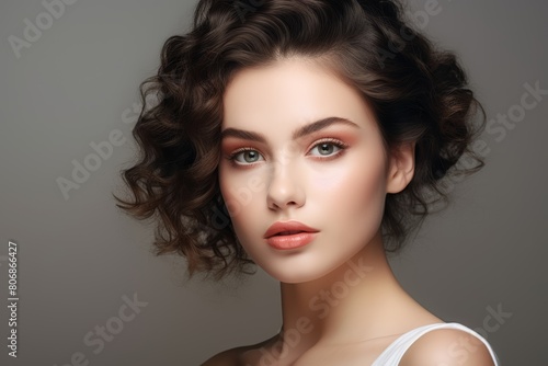 A gorgeous European model woman is posing in front of a monochromatic background with a full set of perfect make-up. Generative AI.