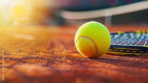 Yellow tennis ball and racket on a tennis court at sunset. Close-up