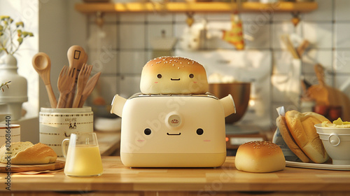 A quaint bread maker with a cute face, kneading dough and baking fragrant loaves.