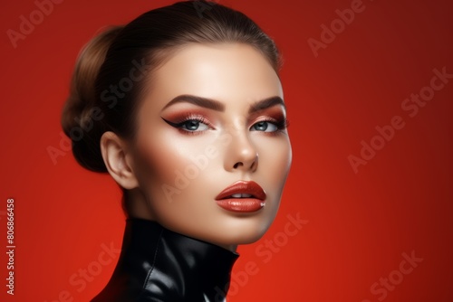 A gorgeous European model  woman is posing in front of a monochromatic background with a full set of perfect make-up. Generative AI.