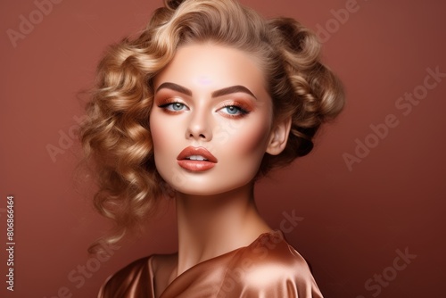 A gorgeous European model woman is posing in front of a monochromatic background with a full set of perfect make-up. Generative AI.