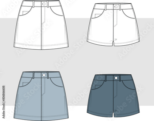 Denim mini short pants and denim mini skirt technical fashion illustration with high waist  pockets. fashion flats. fashion illustration template. front and back cad mockup. apparel templates photo