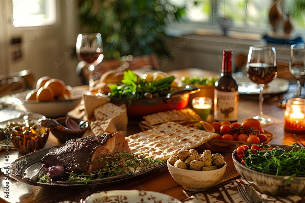 Passover Seder table setup with abundance and warmth depicted in high resolution Passover Seder table setup with abundance and warmth depicted in high resolution