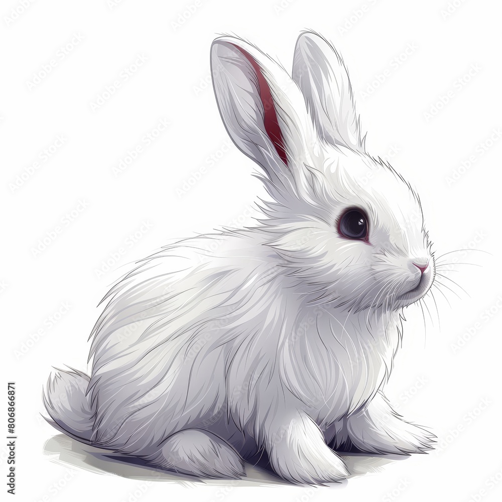 A white rabbit resting on the ground; one ear sporting a red mark, the other an black one A white rabbit resting on the ground; one ear sporting a red mark, the other an black one