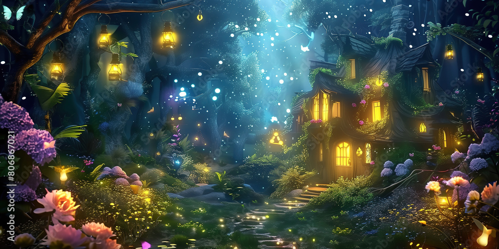 Naklejka premium Enchanted Forest Scene with Glowing Lanterns and Fairy Lights