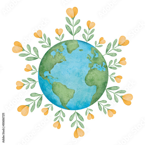 Happy Earth Day. International Mother Earth Day Watercolor illustration. Design for greeting cards and posters Earth planet with flowers. © Daryartsy