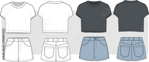 women denim jean mini SHORT and oversize cropped t shirt SET VECTOR SKETCH. fashion flats. fashion illustration template. front and back cad mockup. apparel templates