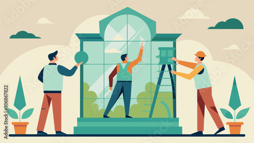 It takes skilled hands and a keen eye to install the intricate glass features that adorn this architectural masterpiece.. Vector illustration
