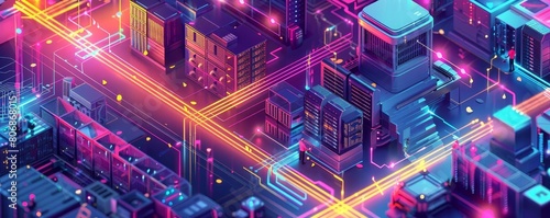 A colorful isometric illustration showing a bustling data center, with workers maintaining server racks and digital data streams visually represented as flowing light