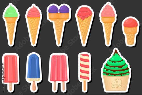 Illustration on theme big kit ice cream popsicle different types in cone waffle cup