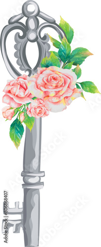 Retro key with rose on transparent background.
