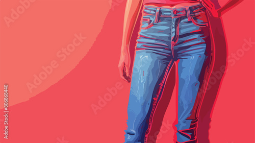 Young woman in stylish jeans on red background closeup