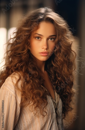 Portrait Of A Young Woman With Lush Curly Hair. Gaze Soft Expression, Illuminated By Natural Light That Highlights Delicate Features And The Warm Hue. Beautiful Female Face Character Avatar Artwork