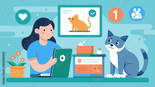 Animated video tutorials that demonstrate the proper techniques for grooming and caring for different types of pets with interactive quizzes to test. Vector illustration