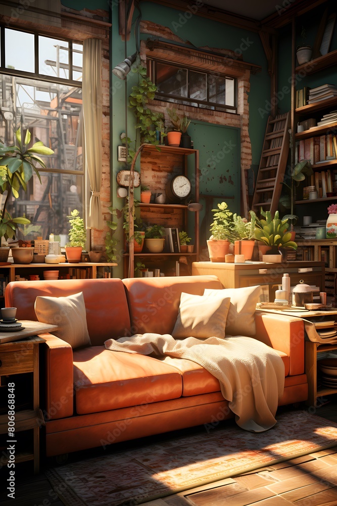 Interior of cozy living room with brown sofa, coffee table, bookshelf and plants.