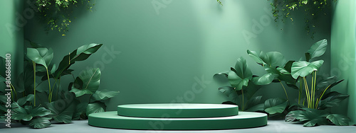  Background green podium product platform 3D display stage stand luxury. Green background podium abstract studio leaf pedestal scene minimal plant design cosmetic light presentation wall modern tree. 