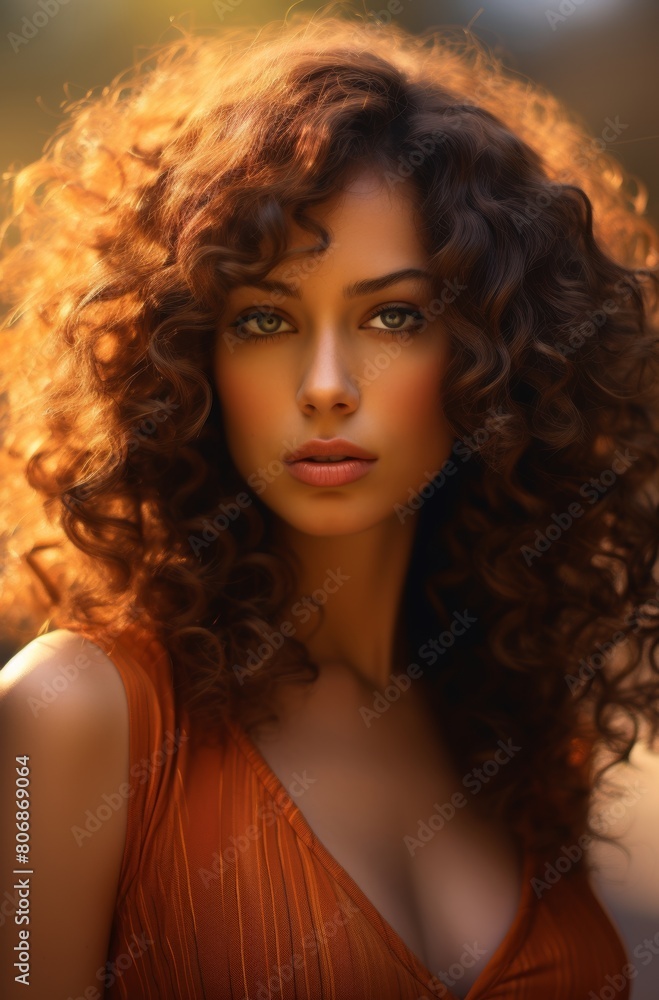 Portrait Of A Young Woman With Lush Curly Hair. Gaze Soft Expression, Illuminated By Natural Light That Highlights Delicate Features And The Warm Hue. Beautiful Female Face Character Avatar Artwork Portrait Of A Young Woman With Lush Curly Hair. Gaze Soft Expression, Illuminated By Natural Light That Highlights Delicate Features And The Warm Hue. Beautiful Female Face Character Avatar Artwork