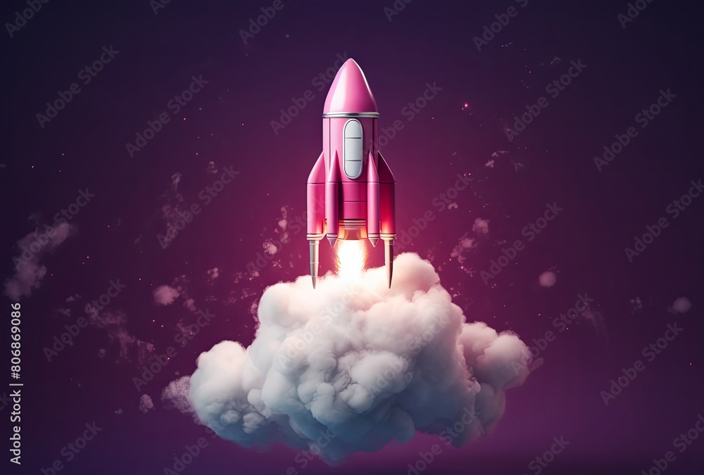 In a minimalist 3D art style, a sleek spaceship rocket launches from the ground, emitting power and smoke from its base as it ascends into the sky. In a minimalist 3D art style, a sleek spaceship rocket launches from the ground, emitting power and smoke from its base as it ascends into the sky.