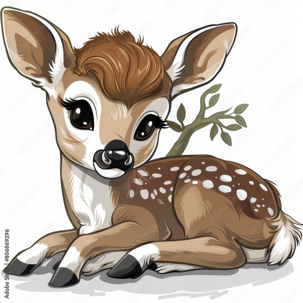 A charming deer, lying next to a tree with a single leaf delicately placed on its head, gazes directly at the camera in an isolated setting against a pristine white background A charming deer, lying next to a tree with a single leaf delicately placed on its head, gazes directly at the camera in an isolated setting against a pristine white background