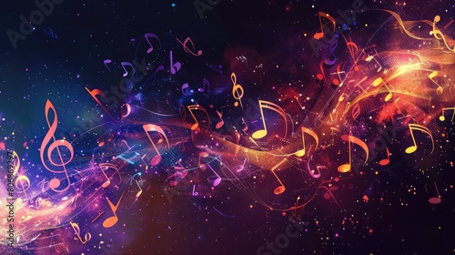 Abstract background with colorful notes in a whirlwind of movement creating an atmosphere of musical magic and dynamism,Colorful music background with musical notes,international music day