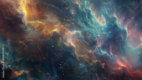 An ethereal depiction of a distant galaxy seen from the perspective of a spacecraft traveling through the cosmos.  photo