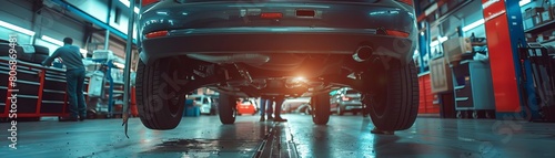 A car hoisted on a lift in a busy garage, with a technician underneath inspecting the undercarriage for damage, showcasing a thorough automotive repair process photo