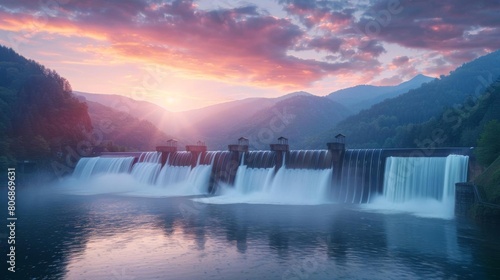 A wide shot of a hydroelectric dam at sunset