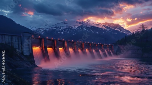 A stunning view of a hydroelectric dam at dusk