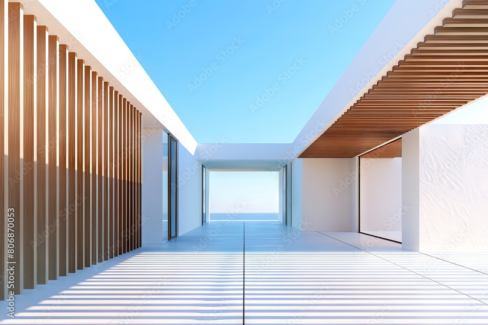 3D rendering of simple modern architecture, minimalist building with wood slats and white walls, blue sky background, interior view, interior design in the style of Japanese architect 
