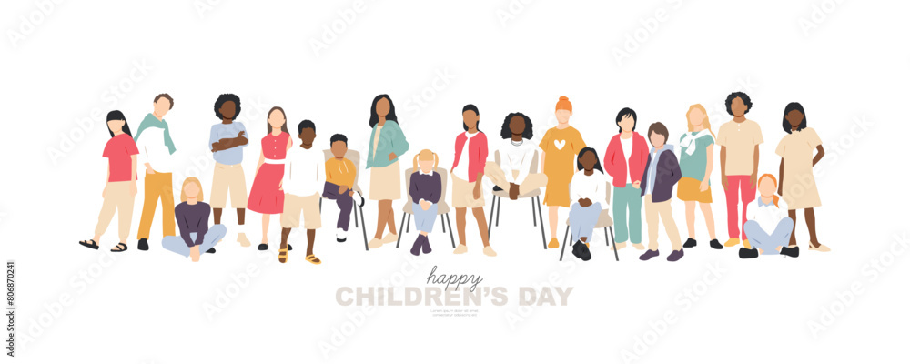 Happy Children's Day banner. Children of different ethnicities stand side by side together. 