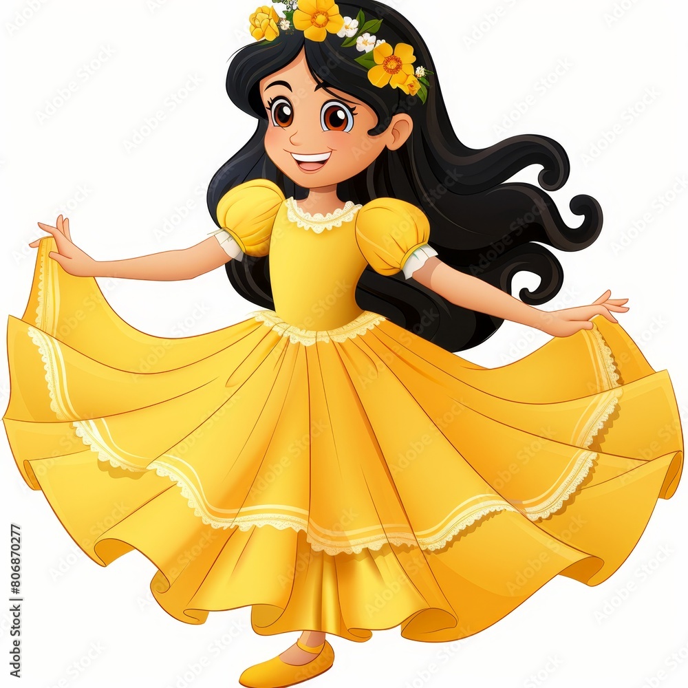Fototapeta premium A young girl in a yellow dress and flower crown, arms extended