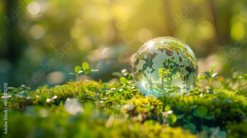 Crystal Globe Placed on Moss  Environmental  Social  and Governance  ESG  Icon  Concept for Environmental Sustainability  Generative Ai  