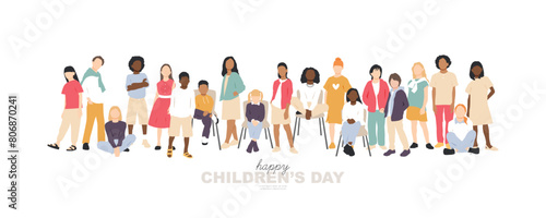 Happy Children's Day banner. Children of different ethnicities stand side by side together. 