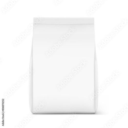 Vertical bag mockup. Flat bottom gusset bag. Front view. High realistic. Vector illustration isolated on white background. Ready for use in presentation, promo, advertising and more. EPS10.