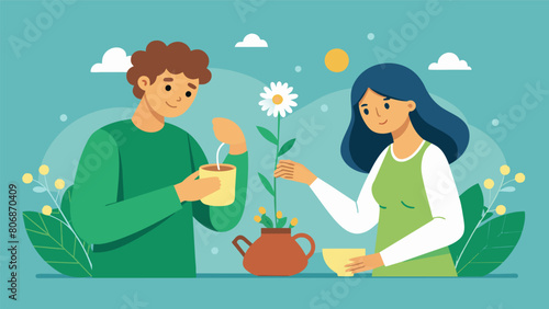 A young couple gathering bundles of comforting chamomile and soothing mint to create their own calming tea blends..