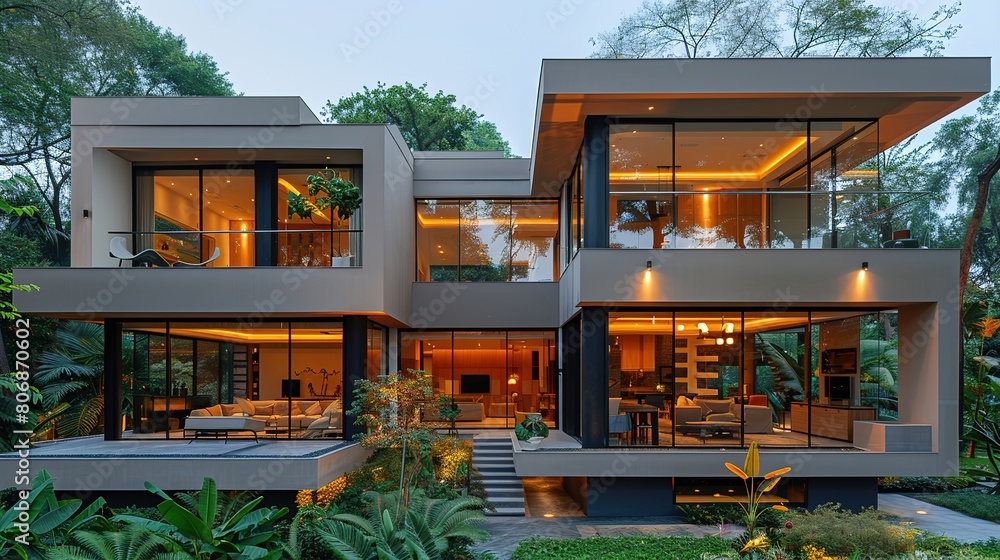 Modern luxury minimalist cubic house, villa with glass walls, and landscaping design front yard. Residential architecture exterior. Modern luxury minimalist cubic house, villa with glass walls, and landscaping design front yard. Residential architecture exterior.