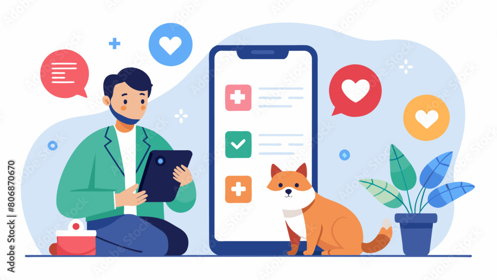 An app that connects pet owners with certified nutritionists and vets for expert advice on managing their pets diet with personalized guidance based. Vector illustration An app that connects pet owners with certified nutritionists and vets for expert advice on managing their pets diet with personalized guidance based. Vector illustration