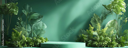  Background green podium product platform 3D display stage stand luxury. Green background podium abstract studio leaf pedestal scene minimal plant design cosmetic light presentation wall modern tree. 
