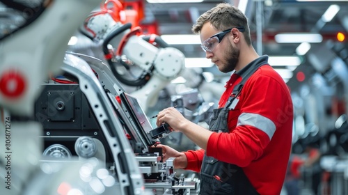 A male worker with a red badge programming a large industrial robot in an automotive assembly line © Sasint