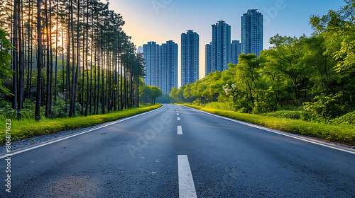 Beautiful view of asphalt road and city at sunrise