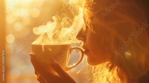 Golden Sunrise Coffee Serenity - Woman Embracing Warmth and Comfort
