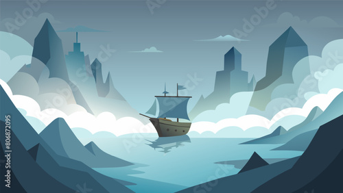 A ship sails through a dense fog relying on stoic principles to navigate through uncertain and unclear situations.. Vector illustration photo