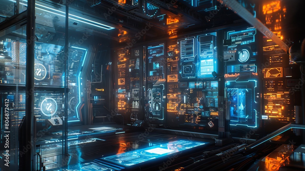 image surrounded by holographic screens and advanced technology. The environment is filled with blue and orange neon lights and floating holograms 