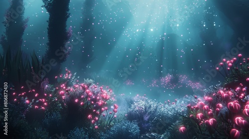 Enchanted underwater garden with glowing pink flowers and luminescent foliage