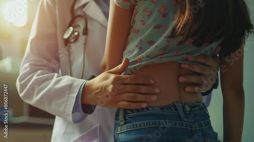 Close-up of doctor's hands palpating girl's abdomen, emphasizing preventive health measures.