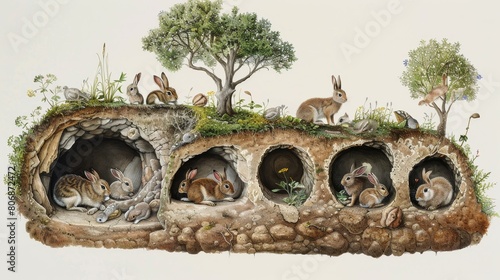 Detailed cross-section of a rabbit burrow with multiple chambers and natural surroundings