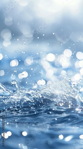 Light blue water surface background with splashing light spots, bright and clean style, high resolution and ultra-realistic details, highly detailed style, photo realism style, white space in the cent
