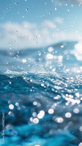 Light blue water surface background with splashing light spots, bright and clean style, high resolution and ultra-realistic details, highly detailed style, photo realism style, white space in the cent