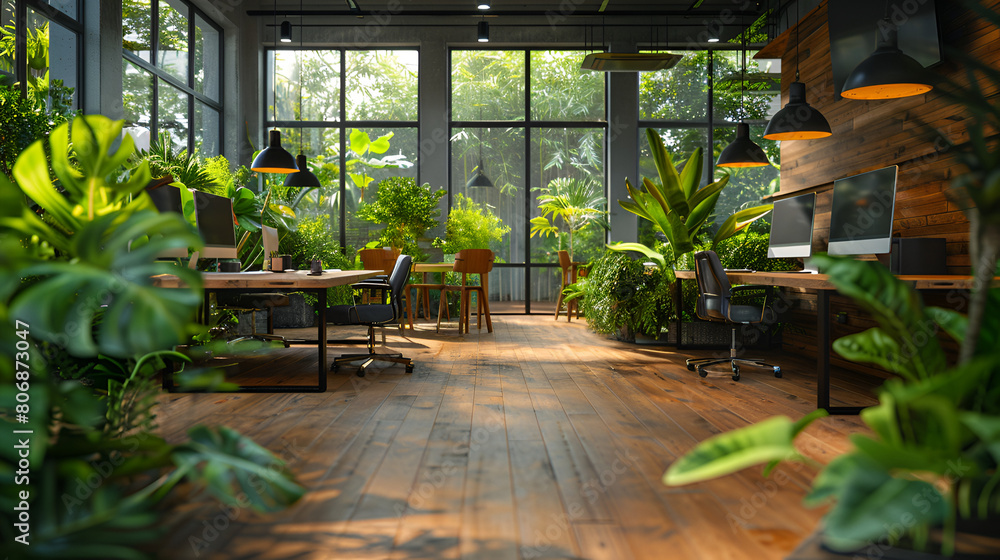 Open Space Interior with Green Plants and Places for Work, Modern Office Design Concept, Generative Ai


